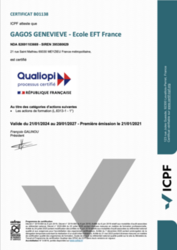 Certification Qualiopi Organisme Formation GAGOS GENEVIEVE/Ecole EFT France - renouvellement valable jusqu'au 21 janvier 2027