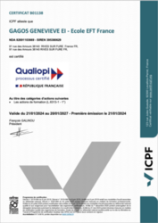 Certification Qualiopi GAGOS GENEVIEVE/Ecole EFT France Organisme Formation - Renouvellement valable jusqu'au 21 janvier 2027