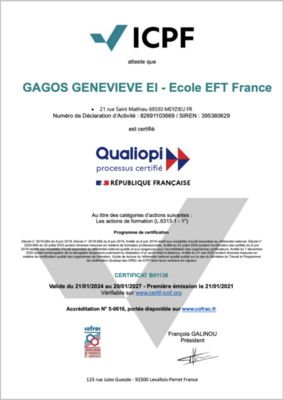 Certificat Qualiopi - Gagos Geneviève EI / Ecole EFT France
