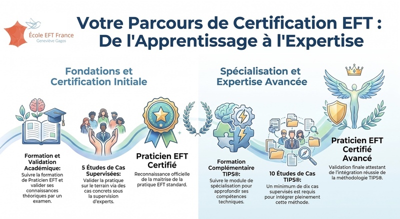 3 niveaux de certifications pour valider formation et pratique professionnelles EFT — 3 étapes du cursus complet de qualité de l’Ecole EFT France